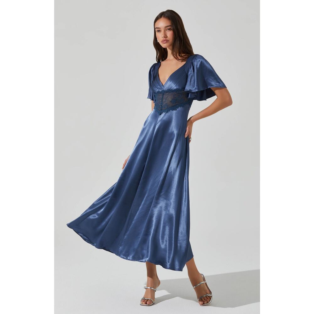 ASTR The Label Aurelia Satin Regal Whimsical Slate Blue V-Neck Midi Dress NWT S